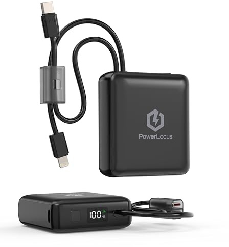 PowerLocus Power Bank mit Kabel, 10000mAh PowerBank, Super Leicht, 3 Ports für Ladung, Mini Powerbank mit LED Anzeige, Externe Handyakkus für iPhone, Samsung, iPad etc