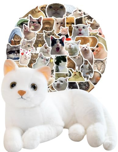 SYTTNUM Weiß Katze Plüschtier, Katze Plüschtier Spielzeug Für Heimdekoration, Lustiges Katze Aufkleber Set, Simuliertes Tier Katze Plüschtier, Geschenk für Freunde und Kinder, 30cm