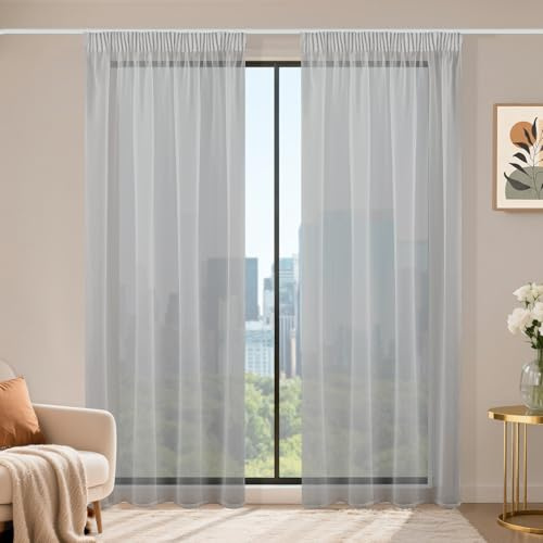 Runyéla Stores Gardinen mit Kräuselband 2er Set, Voile Schiebegardinen 230 x 120 (HxB), Transparent Gardine, Vorhang Grau, Vorhänge für Wohnzimmer Schlafzimmer Sheer Curtain