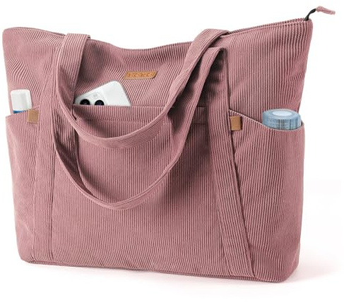 Lekespring Borsa Tote Bag Università Donna, Borsa a Tracolla Shopper Donna in Velluto a Coste con Cerniera, Elegante Borse Porta PC 15,6 Pollici per Viaggo Lavoro Scuola Palestra Ufficio, Rosa S