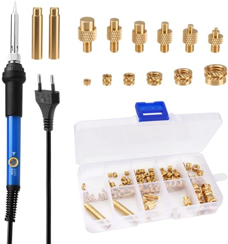 60W Gewindeeinsatz Lötkolben Set mit Temperaturregelung, 130tlg. 3D Druck Gewindeeinsätze M2–M8 aus Messing, 6 Lötspitzen und 2 Adapter, Reparaturwerkzeug für 3D Druck, Holz und Kunststoff