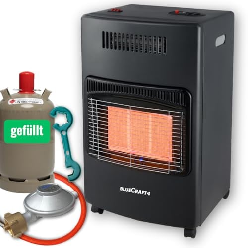 Bluecraft 3-in-1 Gas-Ofen & Elektroheizung | Heizofen in PREMIUM QUALITÄT | Gasheizer Infrarot Heizstrahler 4,2 kW (mit Gasschlauch, Regler, 11kg Gasflasche gefüllt, GF-Schlüssel)