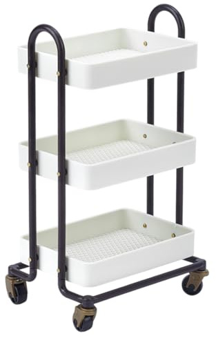 MAYJOYDIY Weißer Puppenhaus Miniatur Handwagen 3 Ebene Ablagefach Und Rädern 88×54×148mm Mini Einkaufswagen für Puppenhaus-Küchenmöbel und Tischdekoration