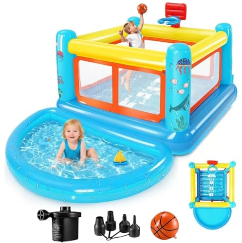 Castillo Hinchable para niños de 3 a 6 años, Interior y Exterior, PVC Resistente, con Piscina de Bolas extraíble, Canasta de Baloncesto y Caja Hinchable (Castillo Hinchable 4 en 1)
