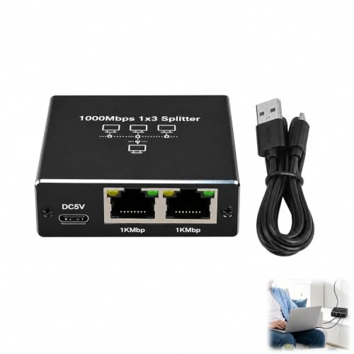 LAN Switch 1 Auf 3, LAN Splitter 1 auf 3 1000Mbps Gigabit Ethernet Verteiler mit Aluminiumgehäuse, RJ45 Splitter USB-C-Stromversorgung Computer, Router, Set-Top Box, Homeoffice, Büro, kompakt tragbar