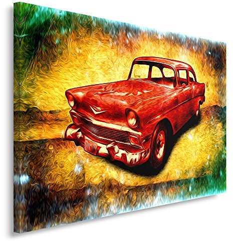 Feeby Frames, Leinwandbild, Bilder, Wand Bild, Wandbilder, Kunstdruck 50x70cm, ALTER CADILAC, ELDORADO, VINTAGE, GELB, ROT