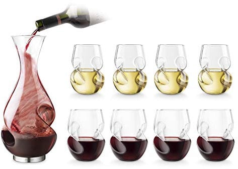 CKB LTD Final Touch Conundrum Bonus Drinking Set - Aerator Decanter (750ml, Transparent) & 4 Red (473ml) & 4 White (266ml) Wine Glasses - Gift Boxed Set