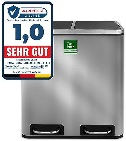 Felix rubbish bin stainless steel waste bin with pedal, waste separation system for kitchen and office (30L, 60L), silver