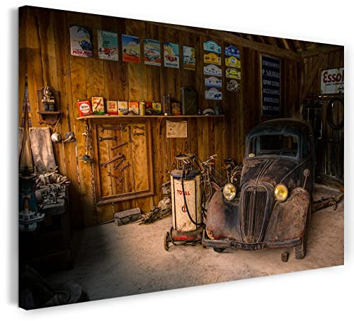 Printed Paintings Leinwand (100x70cm): Verrosteter Oldtimer abgestellt in Garage