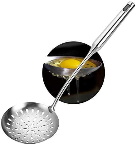 Skimmer Slotted Spoon, Heavy Duty 304 Stainless Steel Slotted Spoon with Vacuum Ergonomic Handle, Comfortable Grip Design Strainer Ladle for Kitchen, 14.96 Inches