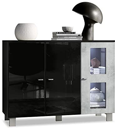 Vladon Sideboard Denjo, Made in Germany, Kommode mit 3 Türen, Schwarz matt/Schwarz Hochglanz/Beton Oxid-Optik, inkl. LED-Beleuchtung (107 x 81 x 35 cm)