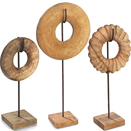 Moritz Skulptur Kreis Symbol für Unendlichkeit massives Mangoholz mit Stahl Säule im Rost Design Handarbeit (3er Set) I braun