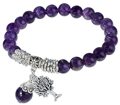 mookaitedecor Améthyste Bracelet Pierre Lithotherapie Elastique, Bracelet Chakra Perles Energie Tibétain Bouddhiste avec Pendentif Arbre de Vie