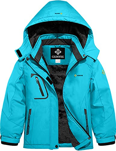 GEMYSE Veste de Ski pour Fille Enfant Manteau Hiver Chaud Imperméable Coupe-Vent avec Capuche et Doublure Polaire pour Neige et Montagne(Bleu1 Clair,152-158)