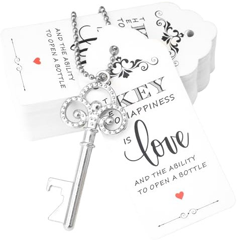 Aokbean 52pcs Small Vintage Skeleton Key Bottle Opener Party Favor Wedding Favor Guest Souvenir Gift Set with Escort Thank You Tag Card and Keychain (Antique Silver)