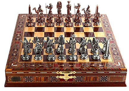 Egypt Pharaoh Antique Copper Figures Metal Chess Set for Adult, Handmade Pieces and Natural Solid Wooden Chess Board with Pearl Design Around Board and Storage Inside King 3.4inc