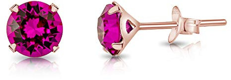 Pendientes Mujer Plata de Ley 925 Chapados Oro Rosa 18K con Brillantes de Cristal Fucsia 6 mm - Pendientes de Botón Oro Rosa