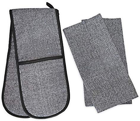 Divine Home Double Oven Glove and Tea Towel Set - 100% Cotton with Thick Heat-Resistant Lining for Protection from Hot Pots, Pans and Dishes. Soft, Stylish & Durable (3 Piece Set, Black).