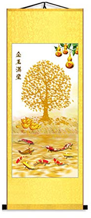 Zzooi Feng Shui Money Tree Wall Art - Coin Tree Treasure Bowl Picture Silk Scroll for Wealth and Good Luck
