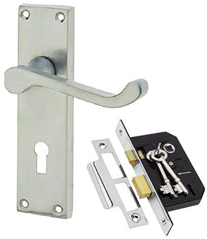 Jiyo.Outdoor Victorian Scroll Door Handles with 2 Lever Lock, Satin Chrome | Includes 150mm x 42mm backplate, spindle, matching screws and keys for a complete, secure installation on interior doors.