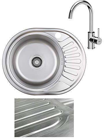 VBChome Einbauspüle mit Armatur 57x45 Rechts Satinstruktur ab 45er Unterschrank Edelstahl Küchenspüle Spüle Ablagefläche Abtropffläche eckiges Camping Ablaufgarnitur Siphon Wasserhahn Chrom