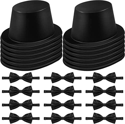 SATINIOR Magician Costume Headwear Set, Includes 12 Pieces Black Top Hat and 12 Bow Ties, Adjustable Length Bow Ties for Party, Costume Accessories for Halloween, Cosplay, Stage Performances, Black