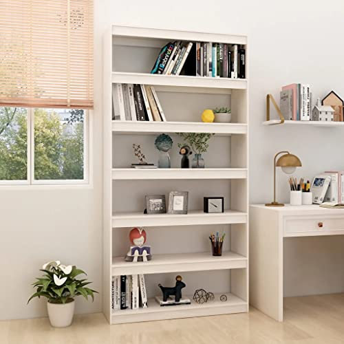 Bücherregal Bücherschrank Standregal Aufbewahrungregal mit 6 Fächern, für Wohnzimmer, Arbeitszimmer, Büro, Holzregal, Raumteiler Weiß 100x30x200 cm Kiefer Massivholz