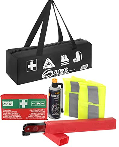 notlok Safety Work Kit d'Urgence Voiture 5in1, 1 x Trousse de Secours DIN13164, 2 x Gilets de Sécurité CE, EN ISO 20471:2013, 1 x Triangle de Signalisation, 1 x Spray Anti-Crevaison + Sac de Transport
