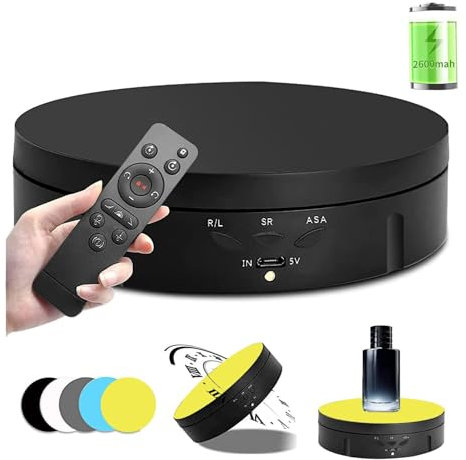 Qinmay 360-Degree Rotating Display Stand, 360 Degree Photography Turntable with Remote Control,5 PVC Backgrounds,Battery/USB Power Supply for Product Photography Display