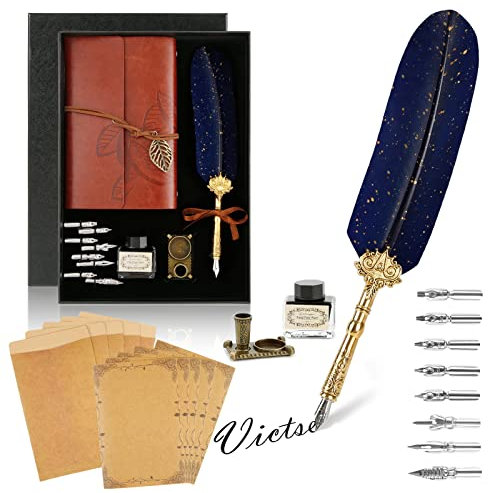 Victse Kalligraphie-Stifte, Vintage, Kalligraphie-Feder, Retro-Schreibfeder, Siegel Dip Pen mit 8 Ersatzspitzen, 5 Set Umschläge (Marineblau)