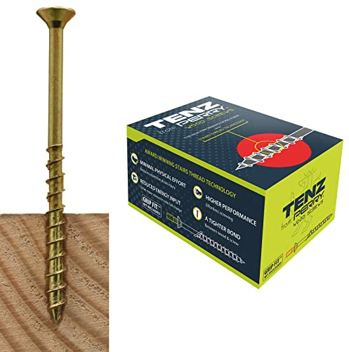 TENZ from PERRY Multi Purpose Wood Screws 6.0mm x 130mm Box of 50 Countersunk Pozi Drive Woodscrews Yellow Passivated with Stairs Thread Technology