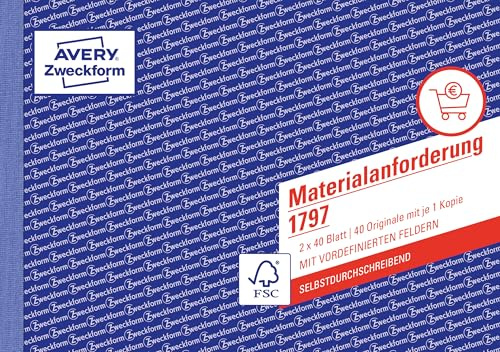 AVERY Zweckform 1797 Materialanforderung (A5 quer, 2x40 Blatt, selbstdurchschreibend und 1 Durchschlag, zur Angabe von Menge, Bezeichnung, Kostenstelle, Verbrauch, Buchung u.v.m) weiß/gelb