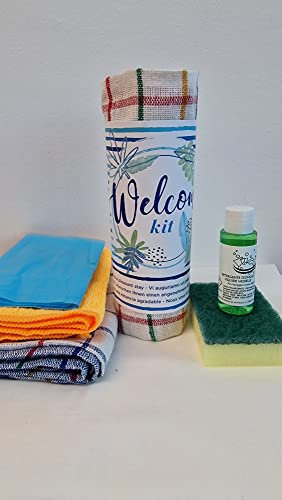 KKVENECIA - Kit de limpieza - 1 paño de cocina de algodón + 1 esponja abrasiva + 1 detergente para platos de 30 ml + 1 paño multiusos de microfibra para superficies + 1 bolsa de basura azul de 30 ml