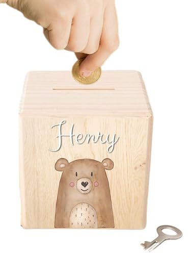 wunderwunsch Personalisierte Kinderspardose, Spardose Junge, Mädchen | Holzspardose Kinder personalisiert, Taufgeschenke für Kind, Baby Geschenk Geburt, Holz Sparschwein