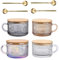 Vintage Glass Coffee Mugs Set of 4,Clear Embossed Glass Tea Cups with Bamboo Lids and Spoons, Cute Coffee Bar Accessories, for Cappuccino, Latte, Overnight Oats, Cereal,Yogurt,Gift(Mix)