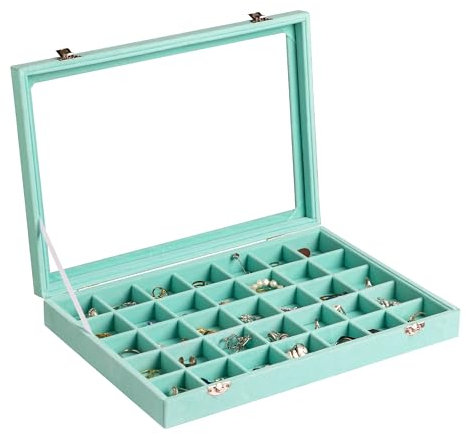 Frebeauty Vassoio portagioie in velluto, 35 scomparti con coperchio trasparente, organizer per orecchini con chiusura, inserto per cassetti per anelli, 35 x 24 x 5 cm, regalo per donne e ragazze