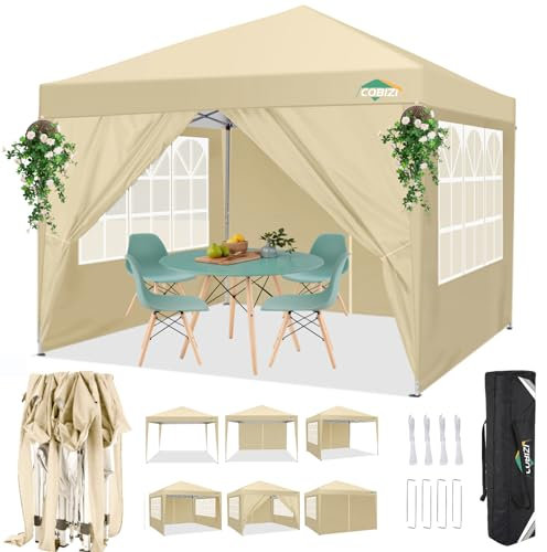 COBIZI Pavillon 3x3m, Faltpavillon 3x3 Wasserdicht Stabil Gartenpavillon Partyzelt Gartenzelt Festzeltfaltbar Pop-up Gartenzelt Partyzelt (3x3m +4Seitenteilen,Khaki)