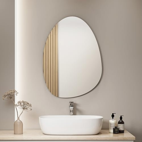 S'AFIELINA Design Spiegel Rund Dekorativer Wandspiegel 75 x 55 cm Glas HD Asymmetrischer Runder Spiegel mit Vier Aufhängelöchern für Badezimmer Schlafzimmer Flur Wanddekoration