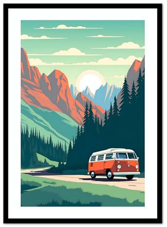 MJ-Graphics - Travel Poster Set für Schlafzimmer, Badezimmer & Wohnzimmer - Wandbild Din A4 300g dickes Kunstdruckpapier - VW Bus-Alpen Motiv Bilder ohne Rahmen