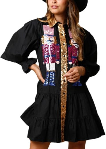 Yiulangde Women Christmas Sequin Skirt Nutcracker Sweatshirt T-Shirt Dress Holiday Party Long Sleeve Santa Sweater Mini Dress, Black, Large