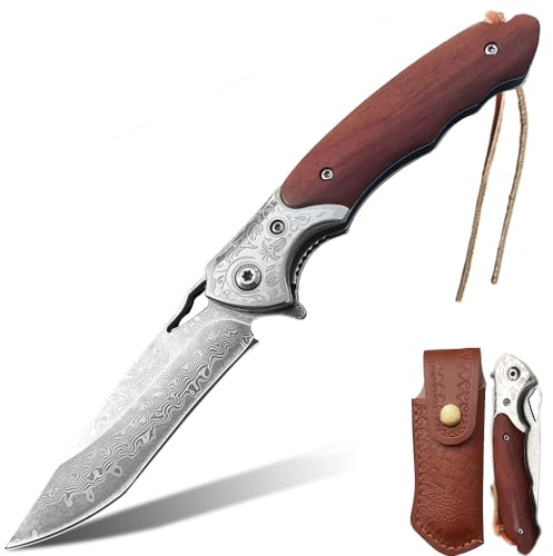 BFYLIN Damast Taschenmesser Klappmesser mit schöner Lederscheide Messerscheide, Scharf Einhandmesser mit Damaststahl Klinge, Holzgriff Liner Lock Flipper- Damastmesser Survival Messer