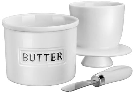 JSHKY French Butter Crock with Spreader, The Original Porcelain Butter Dish for Counter, Gift for Mother’s Day, Thanksgiving, Christmas,Color: White Crock with Black Logo