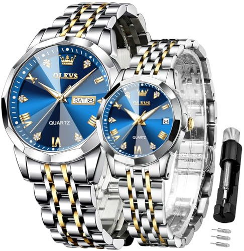 OLEVS Valentines Paar Quarzuhren mit leuchtendem Kalender, Datumsfenster, 3 ATM wasserdicht, lässige Edelstahl-Armbanduhr für Damen und Herren, Liebhaber, Hochzeit, romantisches Geschenk, 2 Stück,
