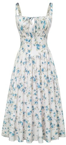 SCARLET DARKNESS Damen Freizeit Maxikleid Elegant mit Schnürung Gesmokt Blumenkleid Weiß-Blau Blumen XL