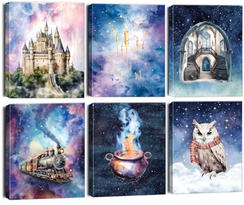BINCUE Bunte Wandbilder Magisches Schloss Leinwand für Wohnzimmer Modern Wanddekoration Sternklare Nacht Wandkunst für Kinderzimmer Bahnsteig des Zauberzugs Eulen Bild für Baby-Schlafzimmer 27x32CM