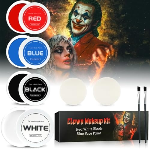 Kit de maquillaje de payaso para Halloween: maquillaje negro, blanco, rojo, azul, color corporal, pintura corporal profesional, juego de pintura facial para Halloween, carnaval, fiestas temáticas