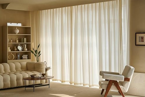 Halbtransparente Gardinen Vorhänge, 107 x 244 cm Beige halbtransparente Voile-Vorhänge mit Ösen für Wohnzimmer