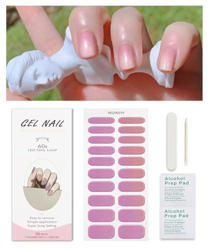 Pink Glitter Gel Nail Strips, KALEFUL Semi Cured Gel Nail Stickers Nail Art Decoration Design Supplies