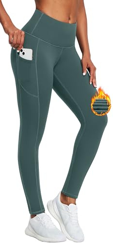 IUGA Fleece Lined Leggings for Women High Waisted Thermal Leggings with Pockets Yoga Pants for Workout Dark Green
