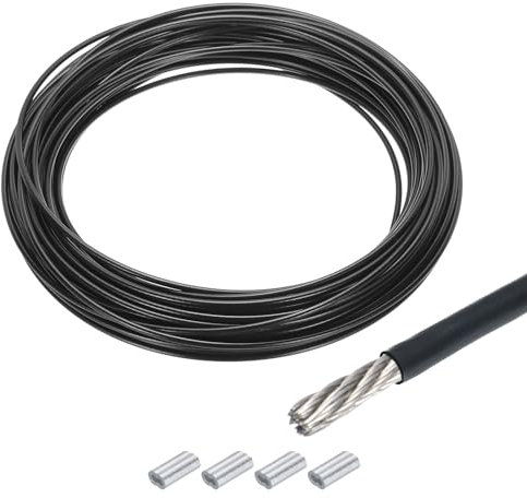 QUARKZMAN 30m Cable de Acero Inoxidable 304, 4mm OD Kit de Cuerda de Alambre con 6pcs Doble Orificio Aluminio Mangas PVC Recubierto para Cuerda Tendedero, Suspensión, Planta, Negro